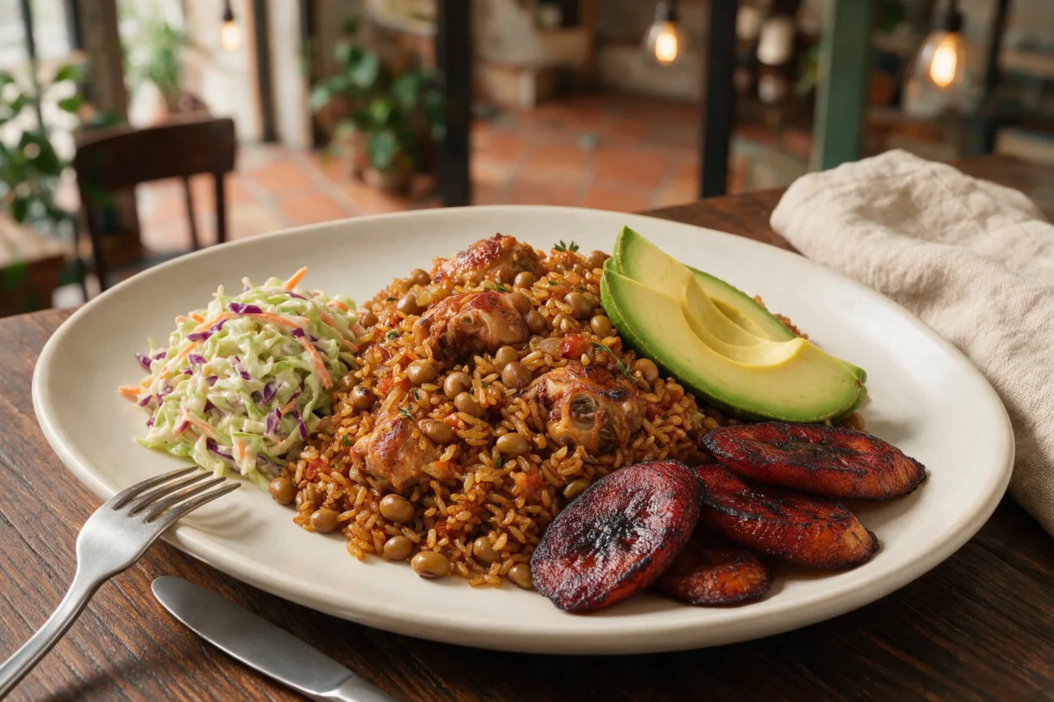 A plate of chicken pelau with bone-in chicken and pigeon peas, served with coleslaw, sliced avocado and fried ripe plantain