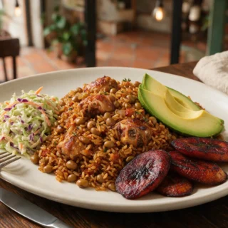 A plate of chicken pelau with bone-in chicken and pigeon peas, served with coleslaw, sliced avocado and fried ripe plantain