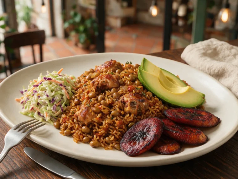 A plate of chicken pelau with bone-in chicken and pigeon peas, served with coleslaw, sliced avocado and fried ripe plantain