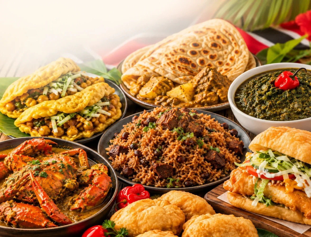 A spread of Trinidad and Tobago food: doubles, roti with curry, pelau, callaloo, curry crab, bake and shark and fried bakes