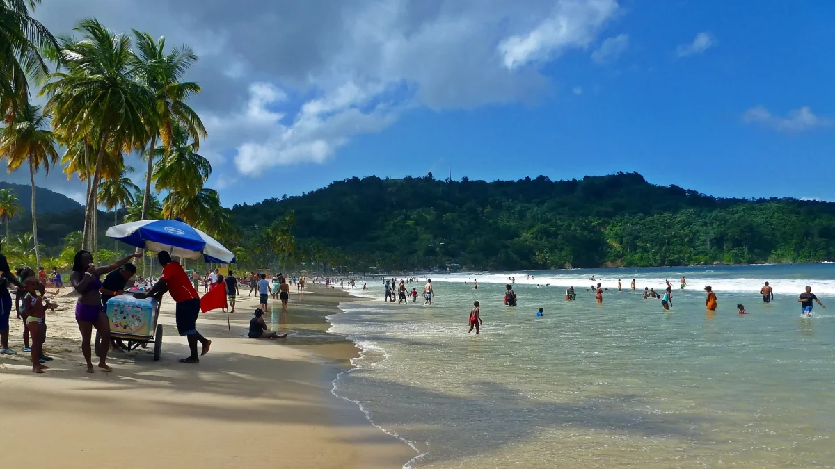 Maracas Bay on Trinidad's north coast, with green hills behind the beach