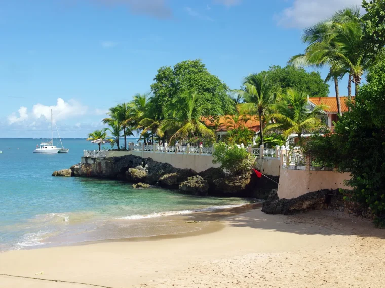 The beach at Store Bay, Tobago, with clear water and palm trees